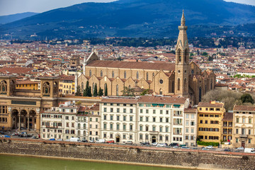View of the beautiful Basilica di Santa Croce and the city of Florence from Michelangelo Square
