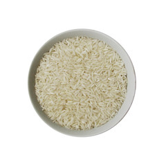 bowl of white rice on white background, top view