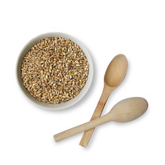 bowl of pearl porridge on white background, top view