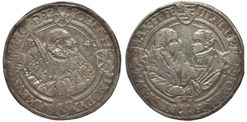 Germany German Saxony Saxon silver coin 1 one thaler 1540, bust of ruler Johann Friedrich with sword, right, facing busts of co-rulers Heinrich and Johan Ernst, coarse die,