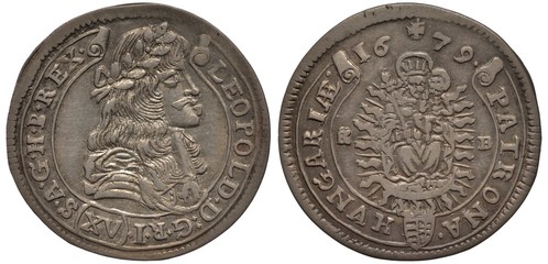 Holy Roman Empire of German Nation silver coin 15 fifteen kreutzer 1679, bust of Emperor Leopold right, Madonna with child on radiant background, date above,