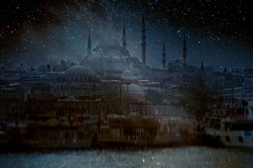 Blue mosque (Sultan Ahmed Mosque) at night, under the starry sky. Elements of this image furnished...