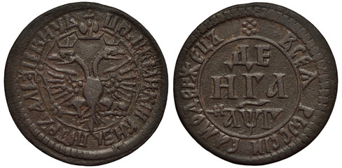 Russia Russian copper coin denga 1703, ruler Tsar Peter I the Great, crowned eagle with two heads...