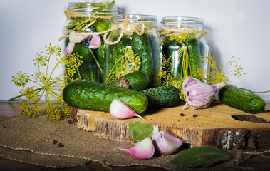 pickled cucumber in jars with garlic and dill.