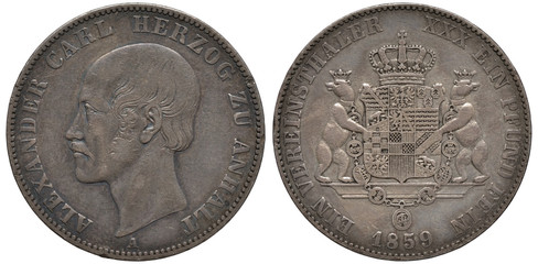 Germany German Anhalt-Bernburg silver coin 1 one thaler 1859, head of Duke Alexander Carl left, two...