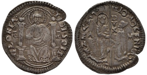 Venice Venetian silver coin grosso 15th century, ruler Doge Tommaso Mocenigo, figure with nimbus on throne, kneeling doge receives blessing from God, 