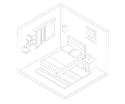 Isometric bedroom outline illustration. Vector flat illustration.