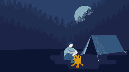 A tent and a campfire in the forest. Man sitting near tent. Landscape illustration with grainy texture. Concept of discovery, hiking, adventure tourism, camping and travel. Flat vector illustration.