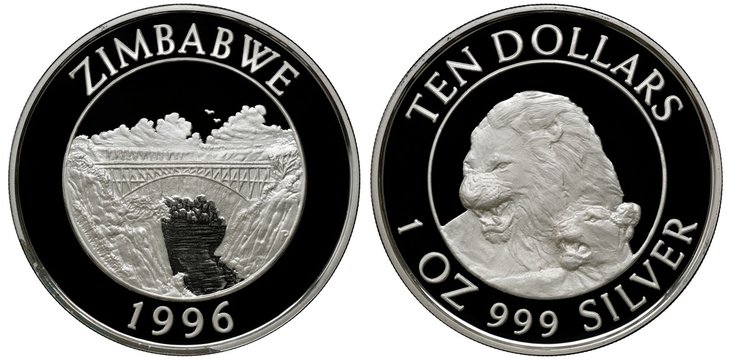 Zimbabwe Zimbabwean silver coin 10 ten dollars 1996, Victoria Falls bridge, two lions within central circle,