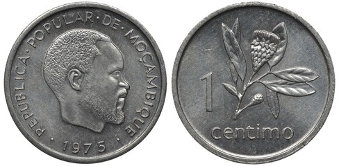 Mozambique Mozambican aluminum coin 1 centimo 1975, head of President Samora Machel right, value and flower sprig,
