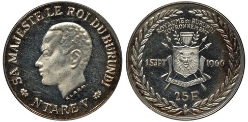 Burundi Burundian silver coin 25 francs 1966, subject Coronation of Ntare V, arms, African shield...