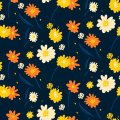 Naklejka na ściany i meble Floral vector seamless pattern. Yellow, white and orange flowers on blue background. The elegant the template for fashion prints. Ditsy print. Seamless vector texture. Spring bouquet.