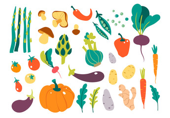 Set with hand drawn colorful doodle vegetables. Vegetables flat icons set cucumber, carrot, onion, tomato.