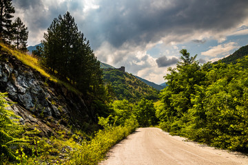 Road through mountain and forest, cloudy day. Road by the Ibar river in Serbia called Ibarska Magistrala