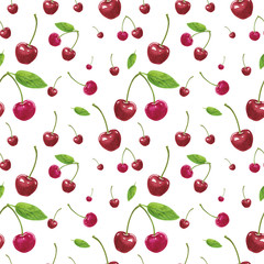 Seamless pattern, made of pink sweet cherries, hand drawn botanical illustration, isolated on white.