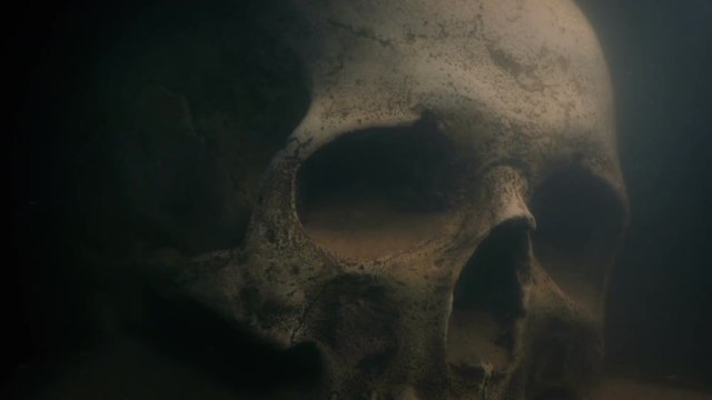 Old Human Skull Under Water In Shimmering Light
