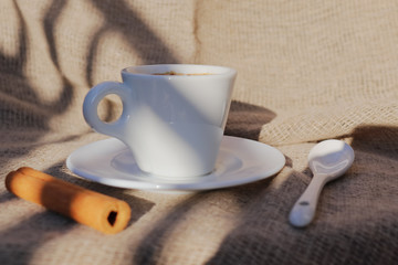Fragrant coffee in the morning sun.