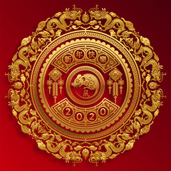Happy chinese new year 2020 year of the rat ,paper cut rat character,flower and asian elements with craft style on background.  (Chinese translation : Happy chinese new year 2020, year of rat)