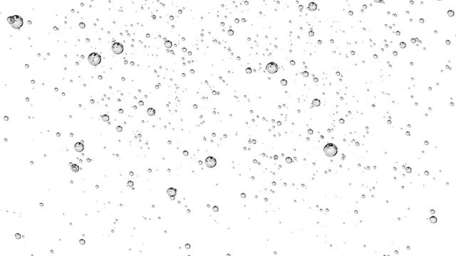 Soda water. Carbonated water. Bubbles. Beautiful motion bubbles on white backgrounds. Animation of fast flowing bubbles.