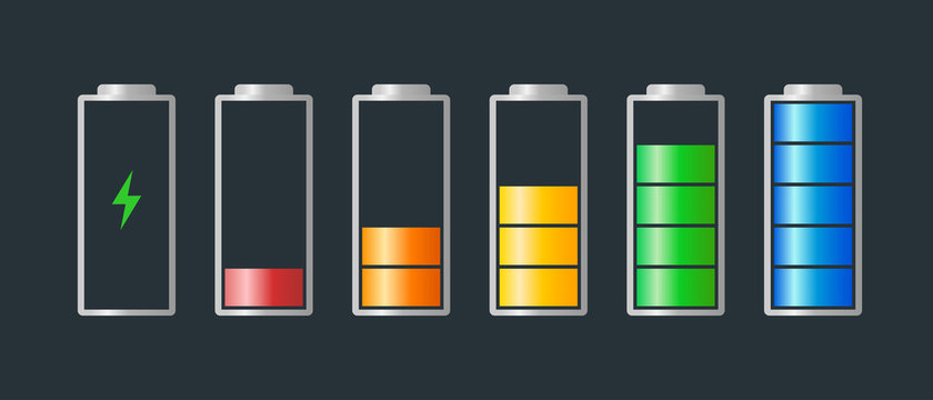 High to low power batteri charged energy indicator level set with recharging icon. Empty to full battery indicating red orange yellow blue step cylinder symbols. Vector batteries illustration
