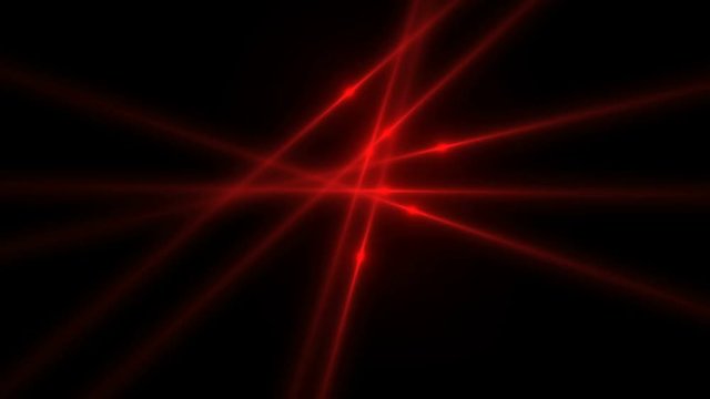 Red laser beams dance at nightclub. Music festival, laser beams shine and make patterns, emerging from a central point to dance around over a black background. Energy background for different events