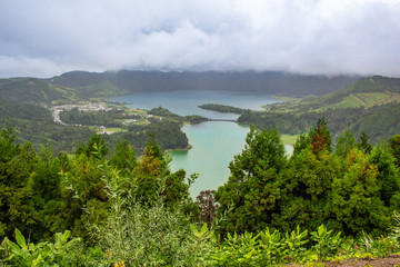 View over "Lagoa das Sete Cidades" from Vista do Rei viewpoint on a cloudy day, Sao Miguel Island, Azores, Portugal