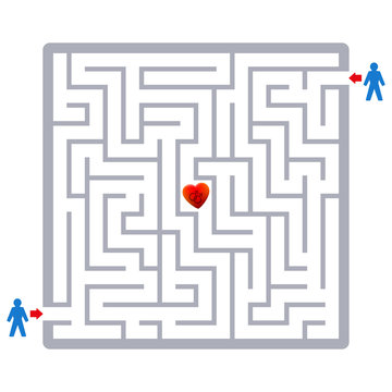 Gay love couple labyrinth with two men and a heart in the center. Fun game, or symbolic for difficulties and problems with finding your partner.
