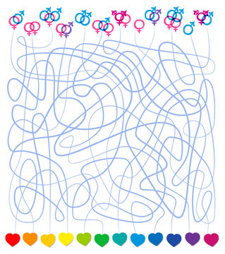 Queer love labyrinth with LGBT symbols and hearts. Many kinds of love are possible, hetero, gay, lesbian, bisexual, transgender, intersex, self love. Different sexual orientation maze. 