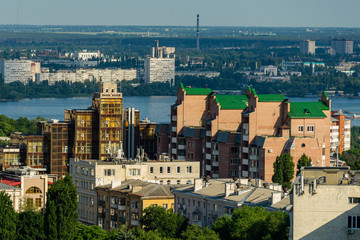 View of  center Voronezh city with historic buildings and new modern residential and office buildings from a bird's eye view. Summer sunny day. Voronezh, Russia, June 11, 2019