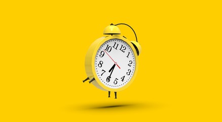 Clock isolated on Yellow 3D Rendering