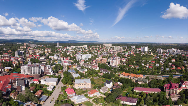 Aerial view of Truskavets town, Ukraine. Popular healing spa resort with mineral springs. Known as Kurortopolis Truskavets