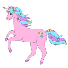 Pink unicorn with flowers. Isolated