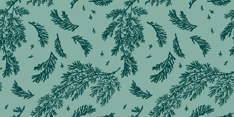 Green Christmas seamless pattern for festival background design. Winter sale fair branding. New Year seasonal celebration greeting card. Pine cone xmas branches with leaves isolated fir on green color