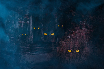 orange eyes of forest spirits sparkle in the night autumn forest around blue mystical fog