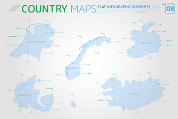 Norway, Iceland, Ireland, Netherlands and Denmark Vector Maps