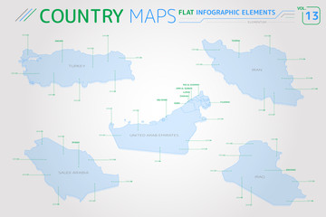 Saudi Arabia, Iraq, Iran, United Arab Emirates and Turkey Vector Maps