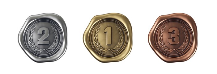 Three wax sealing with numbers from one to three. Classification of the competition. Various metal colors on a neutral background.