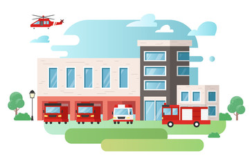 Fototapeta premium Fire station, fire engine, helicopter and ambulance vector illustration.
