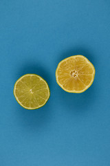 lemon on a blue background upside