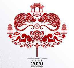 Happy chinese new year 2020 year of the rat ,paper cut rat character,flower and asian elements with craft style on background.  (Chinese translation : Happy chinese new year 2020, year of rat)