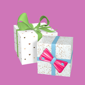 Geschenkverpackung mit Herzen und Schleifen auf pinkem Hintergrund.