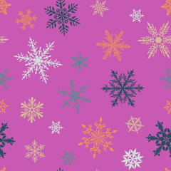 Christmas seamless pattern of complex big and small multicolored snowflakes on purple background