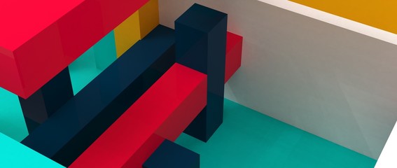 Diseño abstracto de formas geométricas simple con colores llamativos y combinaciones. Fondo tridimensional de materiales plásticos y sombras arrojadas. Recurso para presentación de producto.