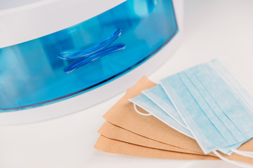 Cosmetic tools sterilizing UV. Clear of masks and craft packages