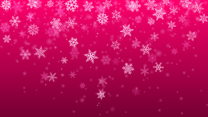 Fototapeta na wymiar Christmas background of complex blurred and clear falling snowflakes in pink colors with bokeh effect