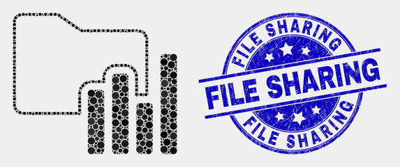 Dotted charts folder mosaic icon and File Sharing seal stamp. Blue vector rounded textured seal stamp with File Sharing phrase. Vector composition in flat style.