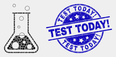 Dotted chemical retort mosaic icon and Test Today! stamp. Blue vector rounded grunge seal stamp with Test Today! message. Vector composition in flat style.