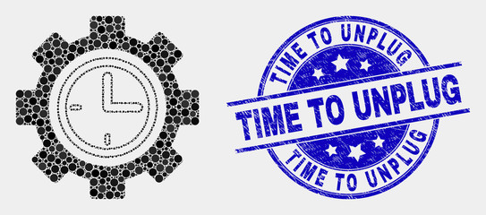 Pixelated clock setup wheel mosaic icon and Time to Unplug seal stamp. Blue vector round scratched seal stamp with Time to Unplug message. Vector composition in flat style.