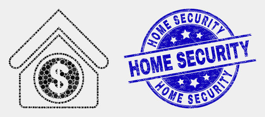 Dotted commercial building mosaic pictogram and Home Security watermark. Blue vector rounded scratched seal stamp with Home Security caption. Vector composition in flat style.