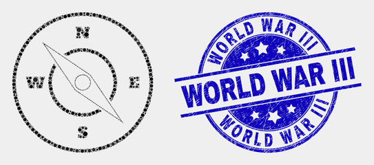 Obraz premium Dot compass mosaic icon and World War Iii seal stamp. Blue vector round scratched seal with World War Iii message. Vector composition in flat style. Black isolated compass mosaic of random spheres,